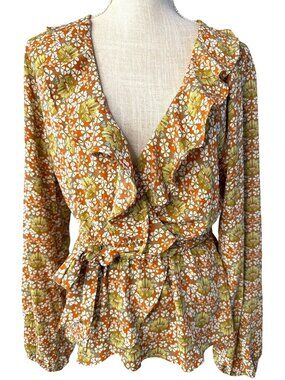 Max Studio Floral Ruffle Wrap Top With Long Sleeves & Waist Tie Multicolor Size